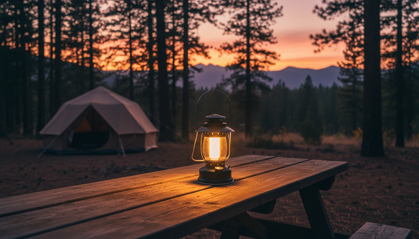 Glowing LED camping lantern on a picnic table at a campsite at dusk
