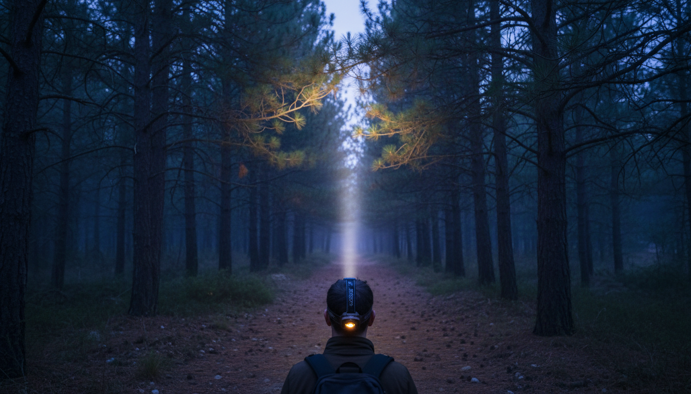 Rechargeable headlamp lighting a forest trail at dusk