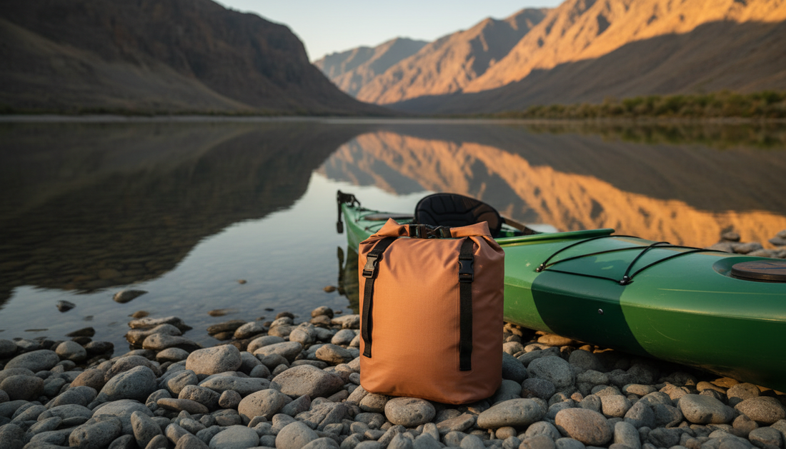 Waterproof roll-top dry bag on river rocks beside a kayak