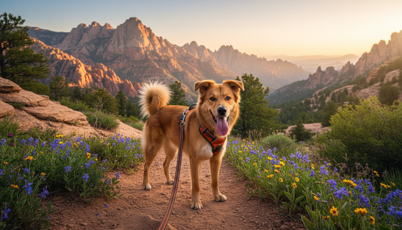 Happy dog in a no-pull harness on a sunny mountain trail