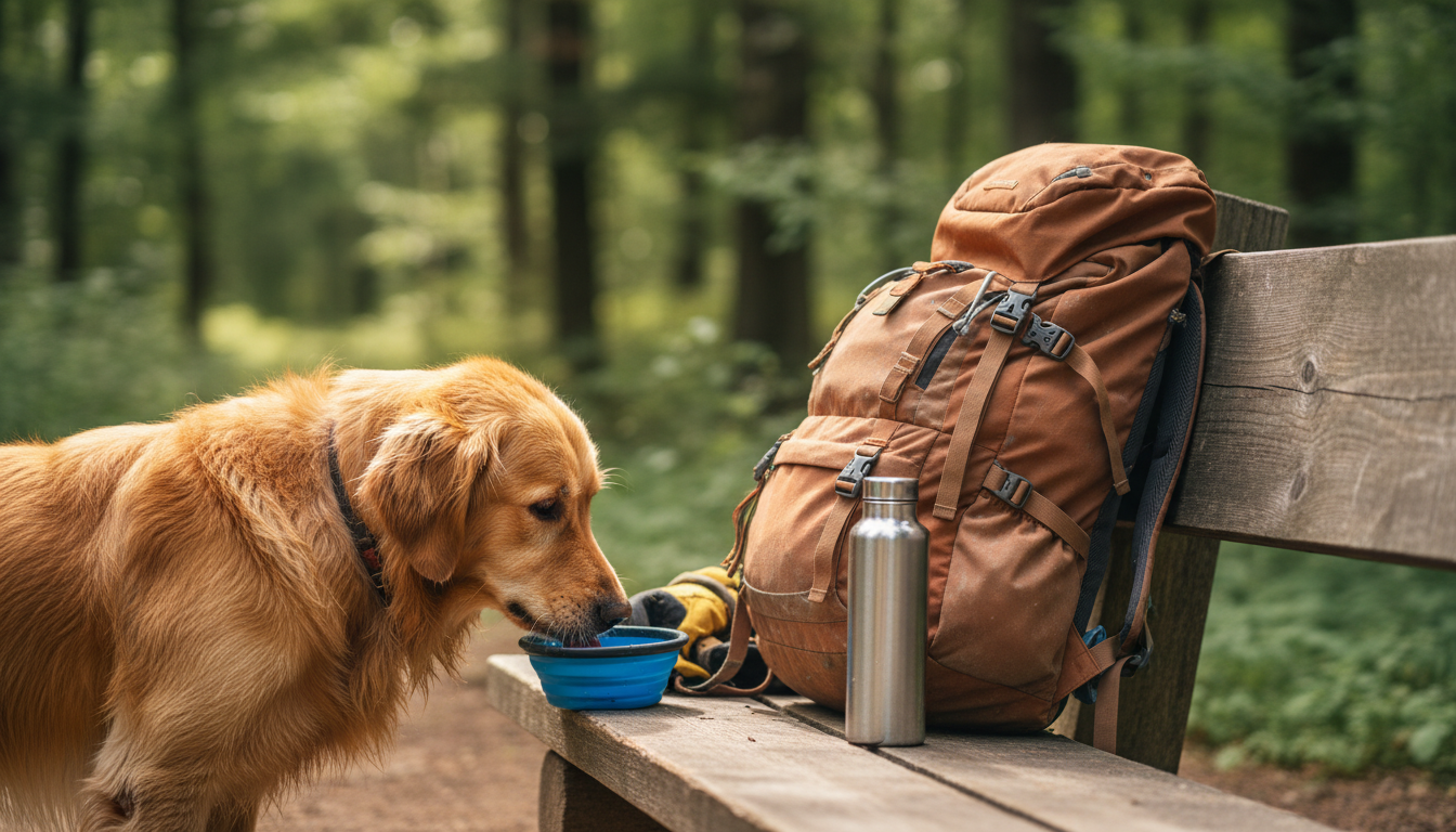 Dog drinking from a collapsible travel bowl at a trailside rest stop