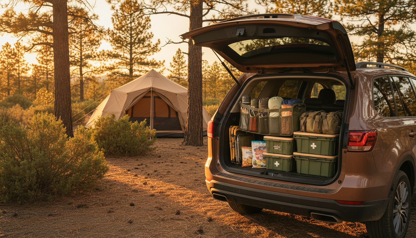 Neatly organized SUV trunk with a collapsible organizer at a campsite