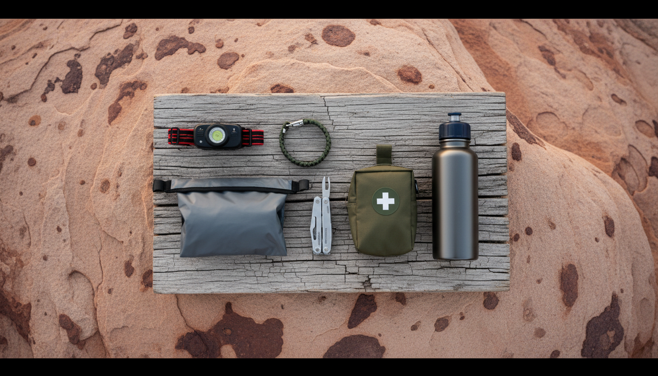 Minimalist everyday carry outdoor kit laid out on weathered wood