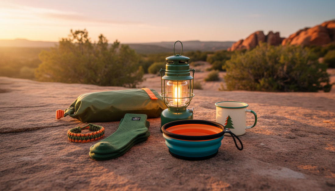 Flat lay of affordable outdoor gift gear on a sandstone surface