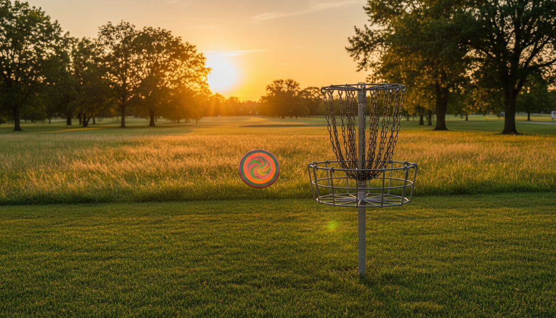 Disc golf basket on a park course at golden hour with a disc in flight