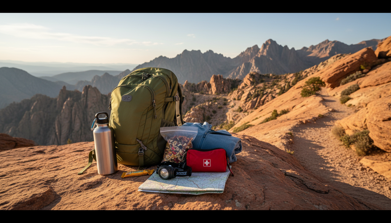 Open day-hike daypack with essentials laid out on a sunny rock