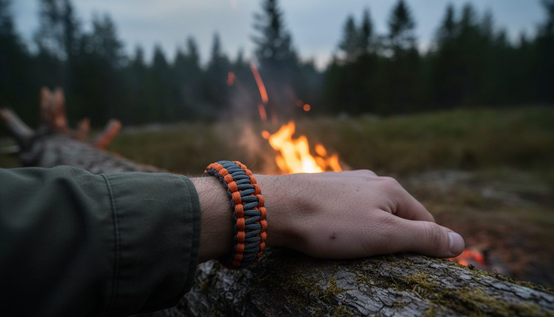 Woven paracord survival bracelet on a wrist by a campfire at dusk