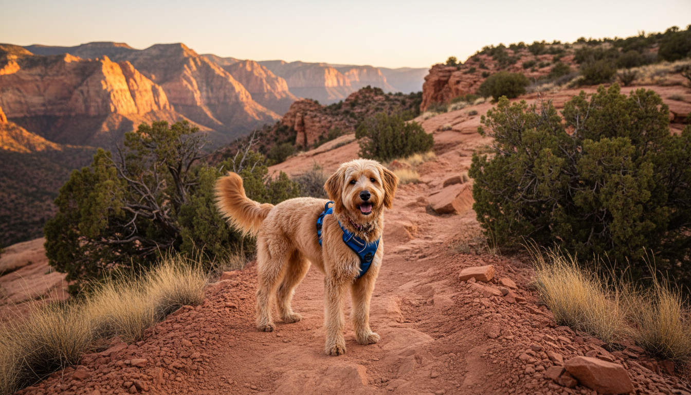 Happy dog in a no-pull harness on a rocky sunlit mountain trail