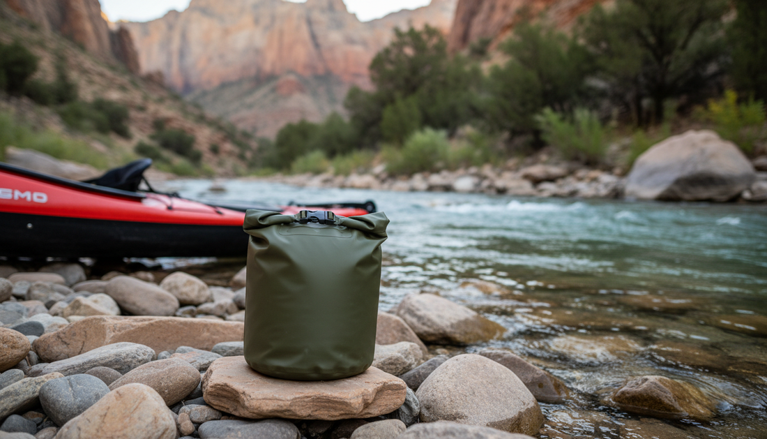 Waterproof roll-top dry bag on river rocks beside a kayak