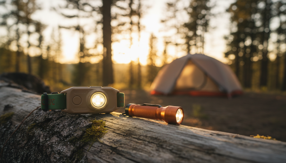 A rechargeable headlamp and a handheld flashlight glowing side by side on a log at a dusk campsite
