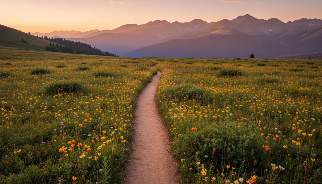 A single worn footpath winding through a pristine alpine wildflower meadow at golden hour
