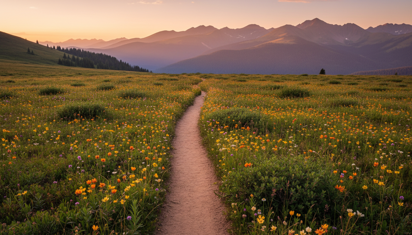 A single worn footpath winding through a pristine alpine wildflower meadow at golden hour