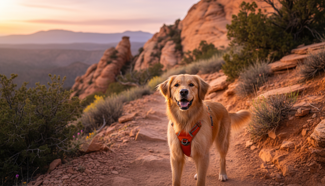 A happy dog wearing a snug adventure harness on a sunlit rocky mountain trail at golden hour