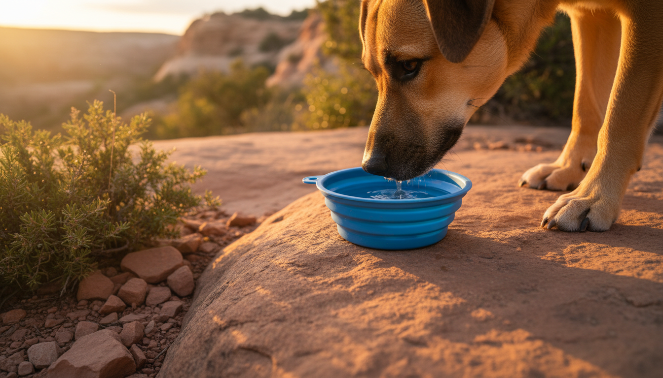 A collapsible silicone dog bowl filled with water on a trailside rock as a dog leans in to drink