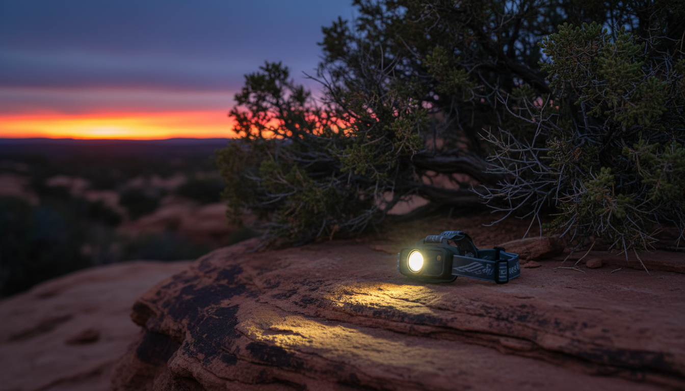 Rechargeable headlamp on a sandstone ledge at dusk, beam lighting juniper scrub