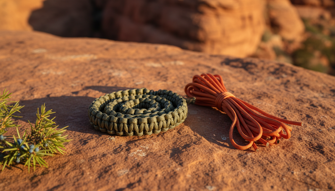 Woven paracord survival bracelet coiled on a sandstone slab beside unraveled cord