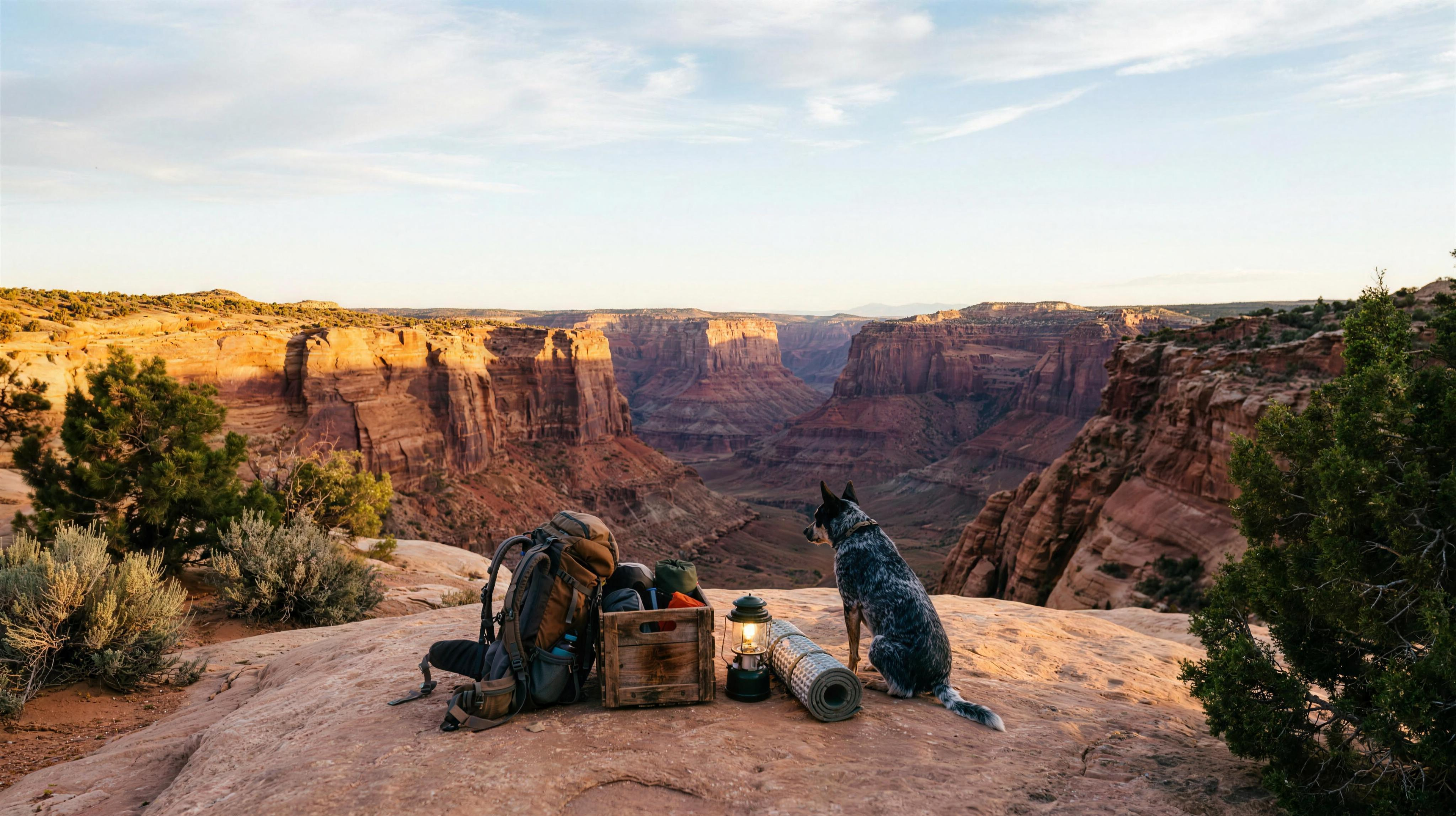 CanyonCache hero — canyon overlook at golden hour with packed gear and trail dog