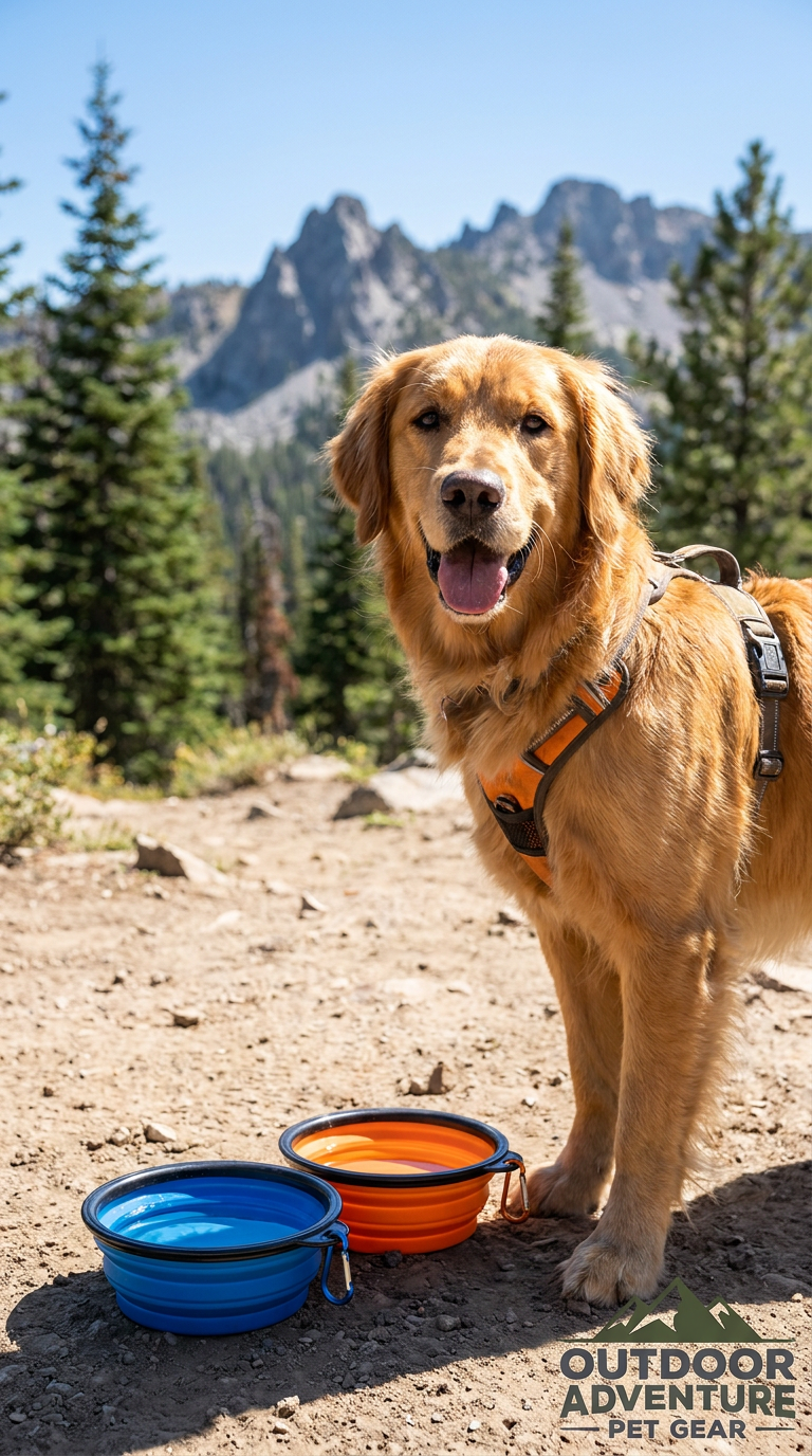 Collapsible silicone dog bowls on trail with golden retriever