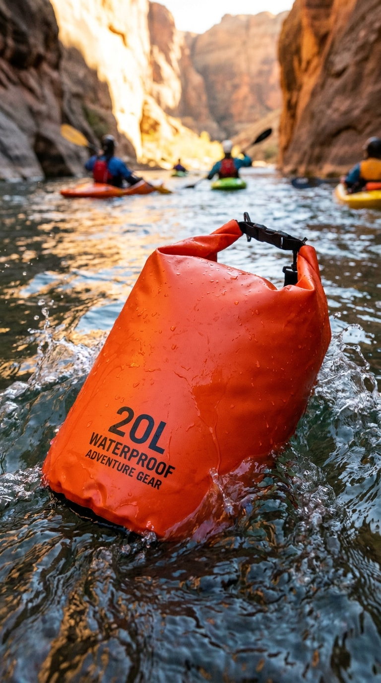 Orange waterproof dry bag in canyon river water
