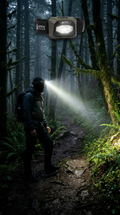 Rechargeable LED headlamp beam on night trail
