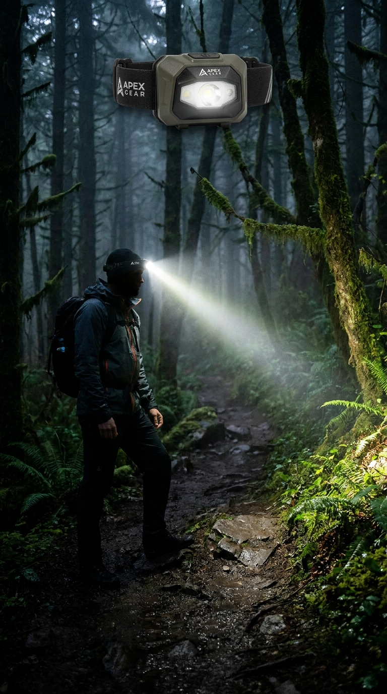 Rechargeable LED headlamp beam on night trail