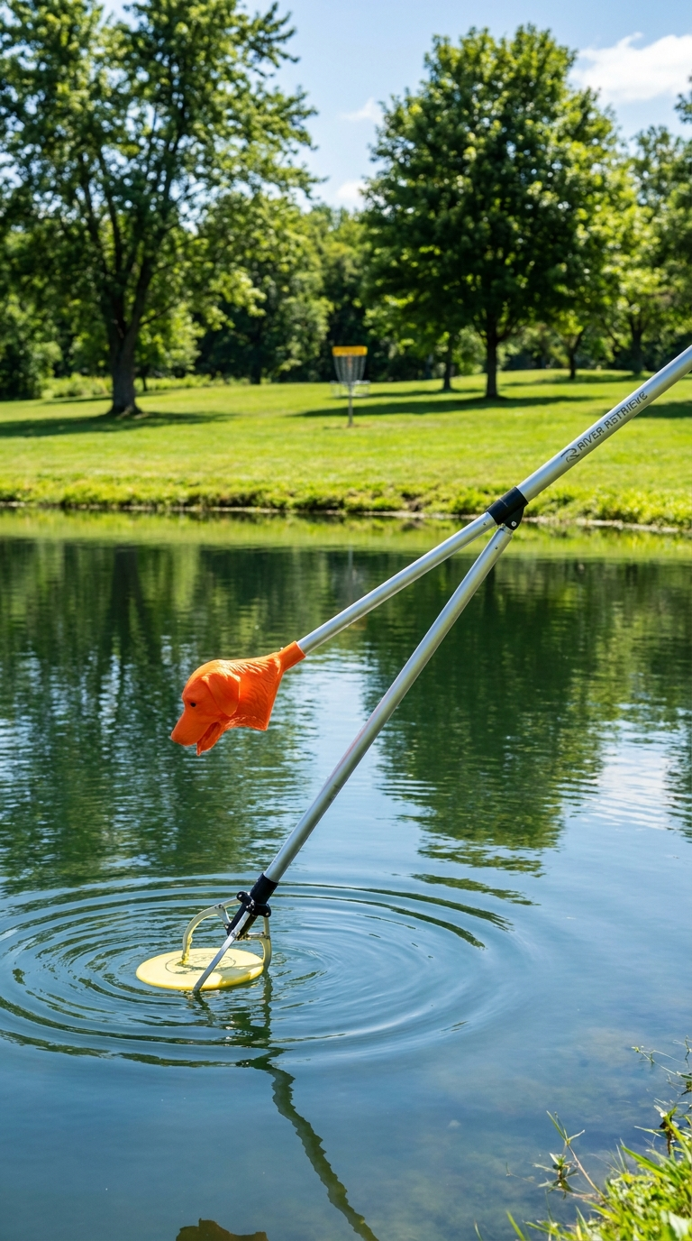 Telescoping disc golf retriever pole over pond