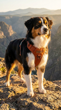 Australian Shepherd wearing adventure harness on mountain ridge