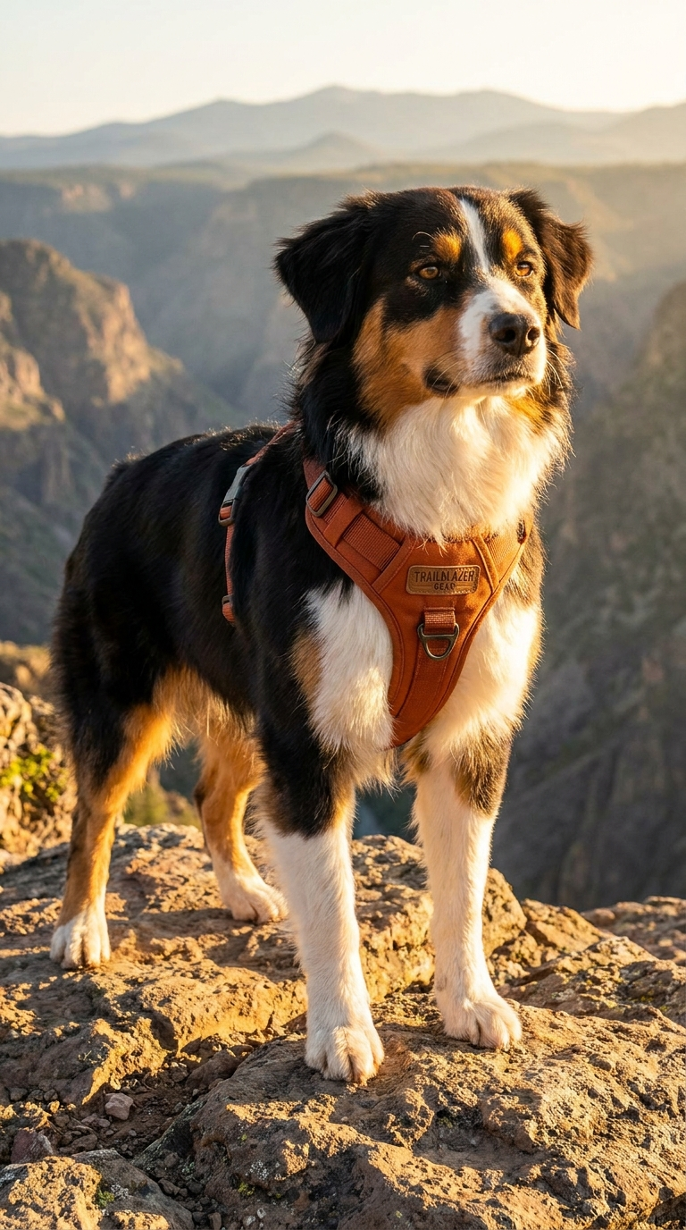 Australian Shepherd wearing adventure harness on mountain ridge