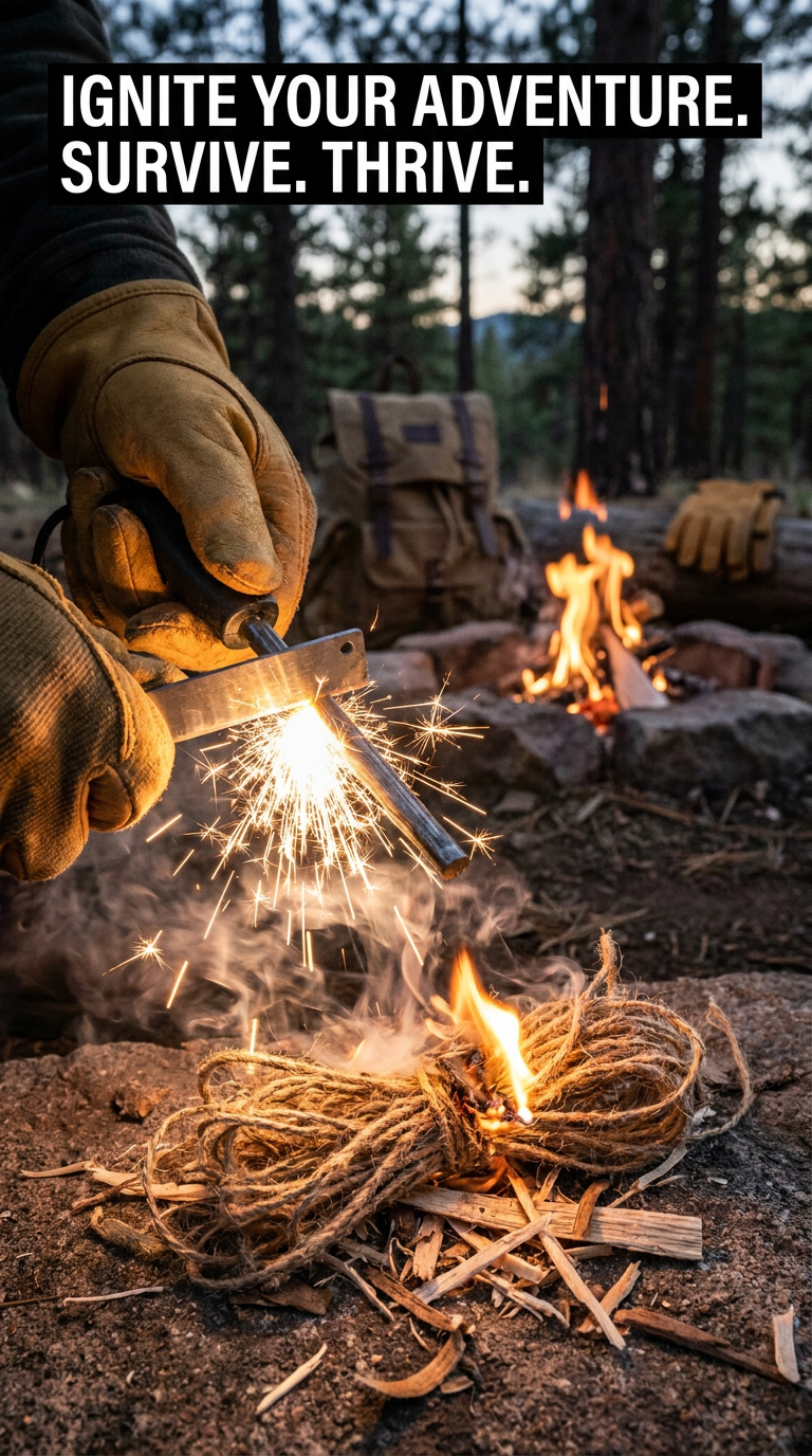 Ferro rod fire starter sparks at campsite