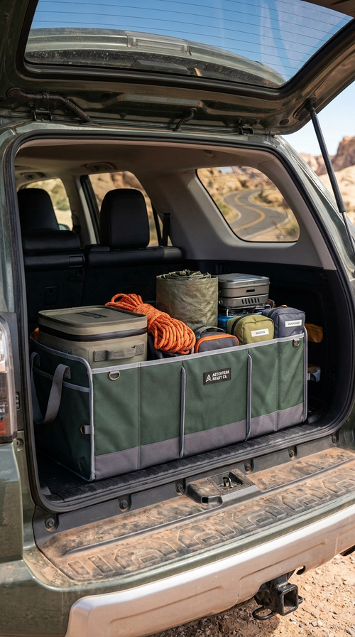 Collapsible trunk organizer in SUV with camping gear