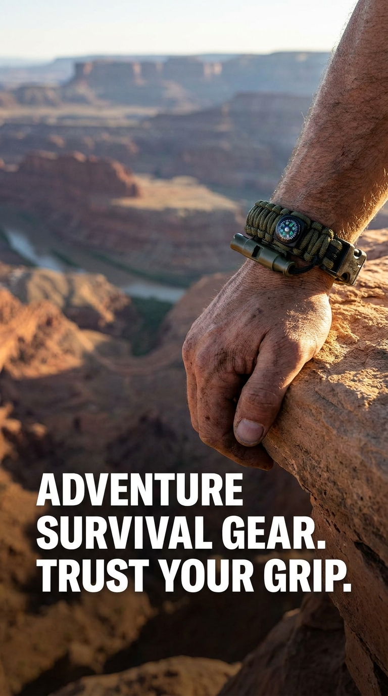 Paracord survival bracelet on wrist while climbing