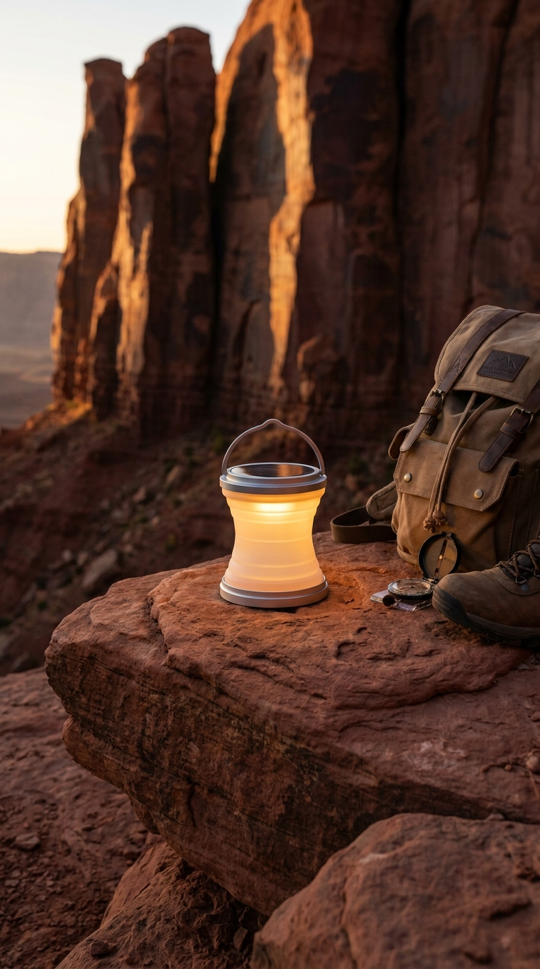 Solar LED Camping Lantern glowing on canyon rock at golden hour