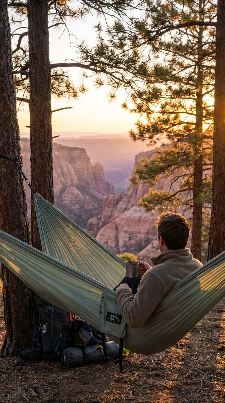Camping hammock between pines overlooking canyon at sunset