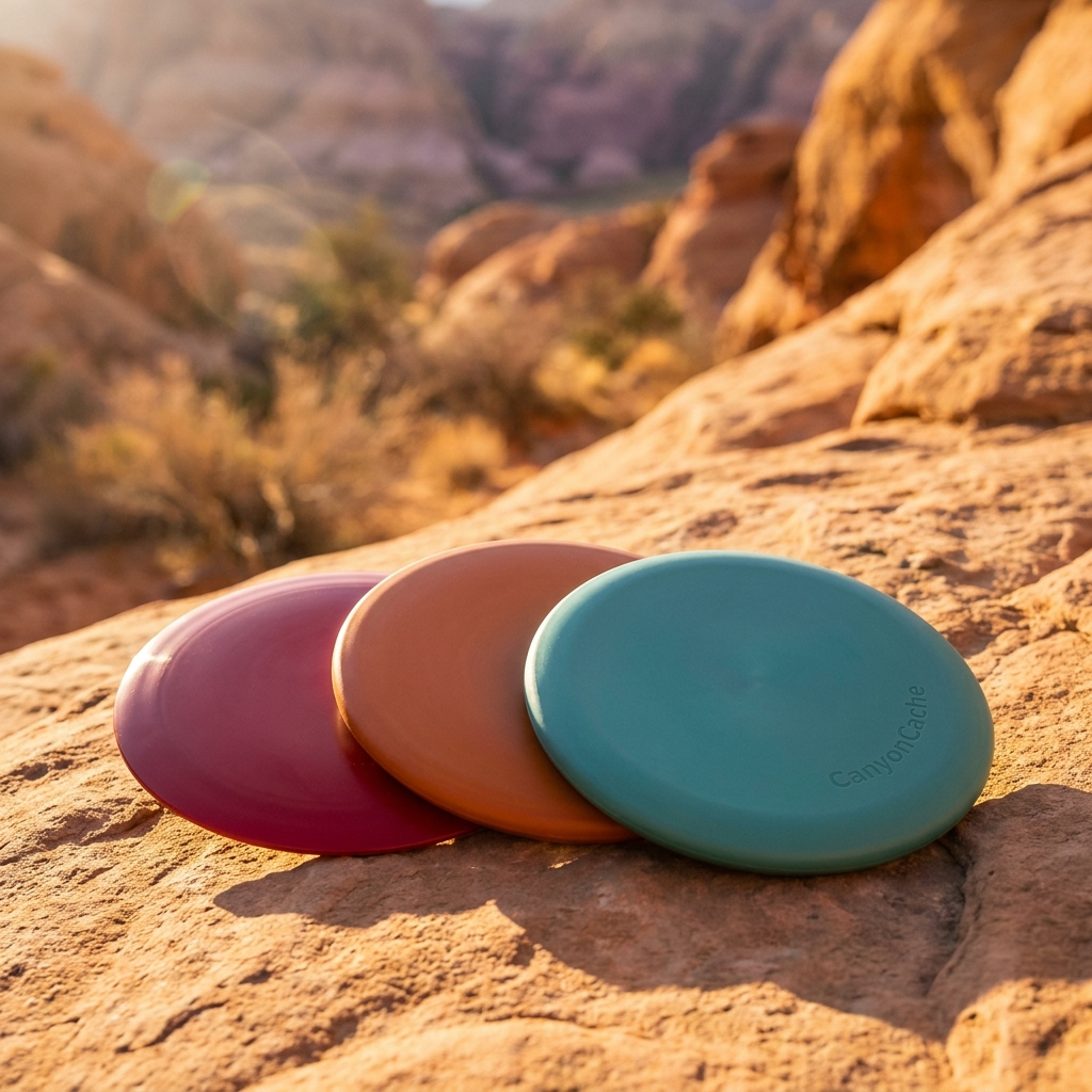 Disc golf starter set of three discs on canyon rock