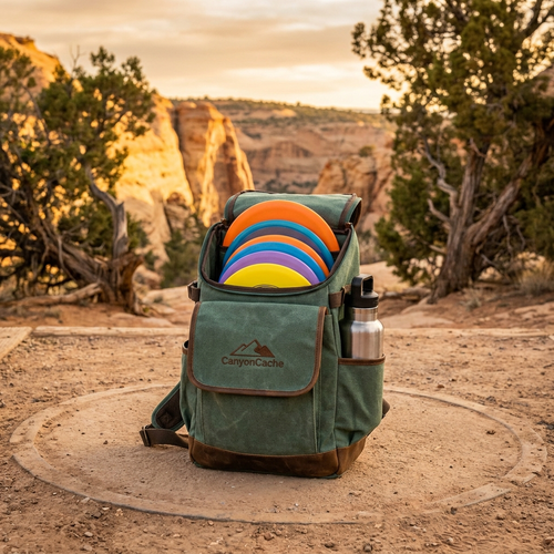 Disc golf sling backpack on course tee pad