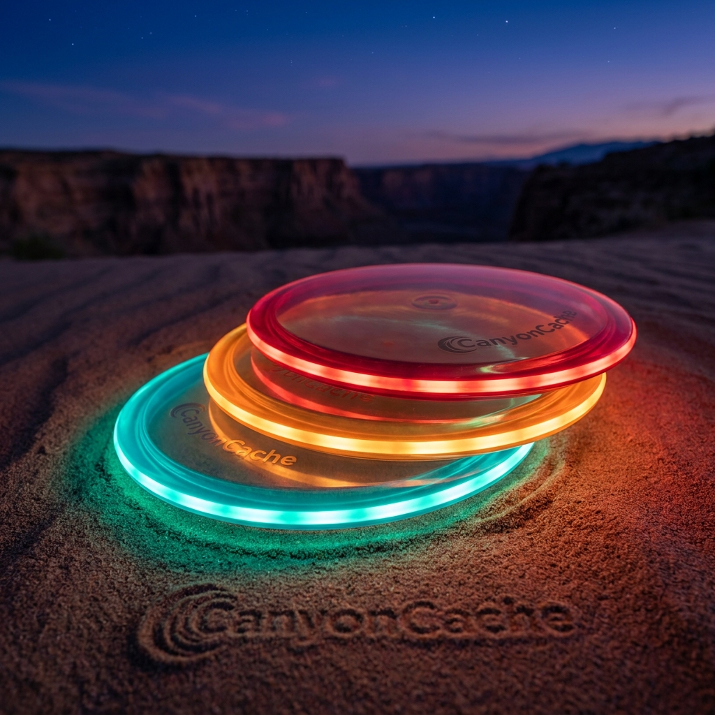 LED disc golf lights glowing at twilight