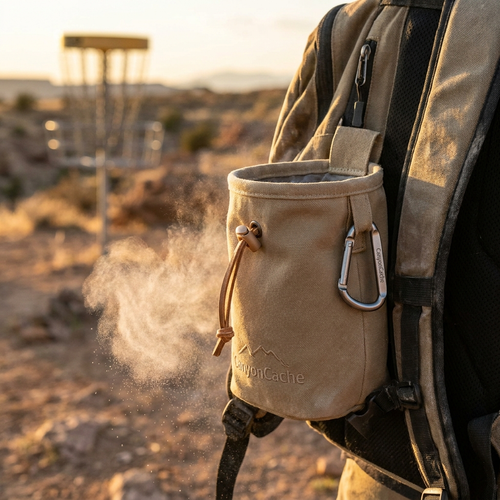 Disc golf grip chalk bag clipped to bag strap
