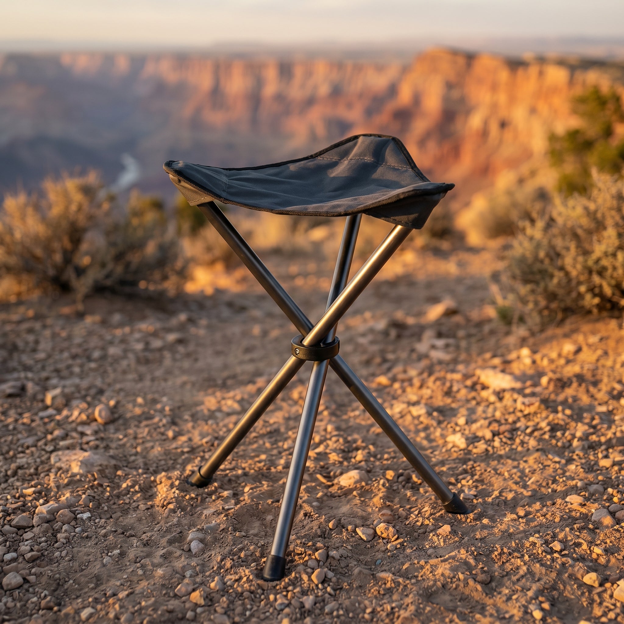 Black tripod camp stool set up on desert trail at golden hour