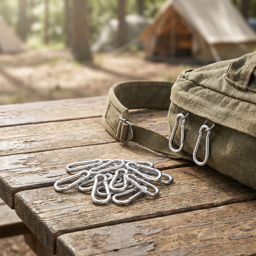 Pile of silver spring-snap carabiner clips on camp table