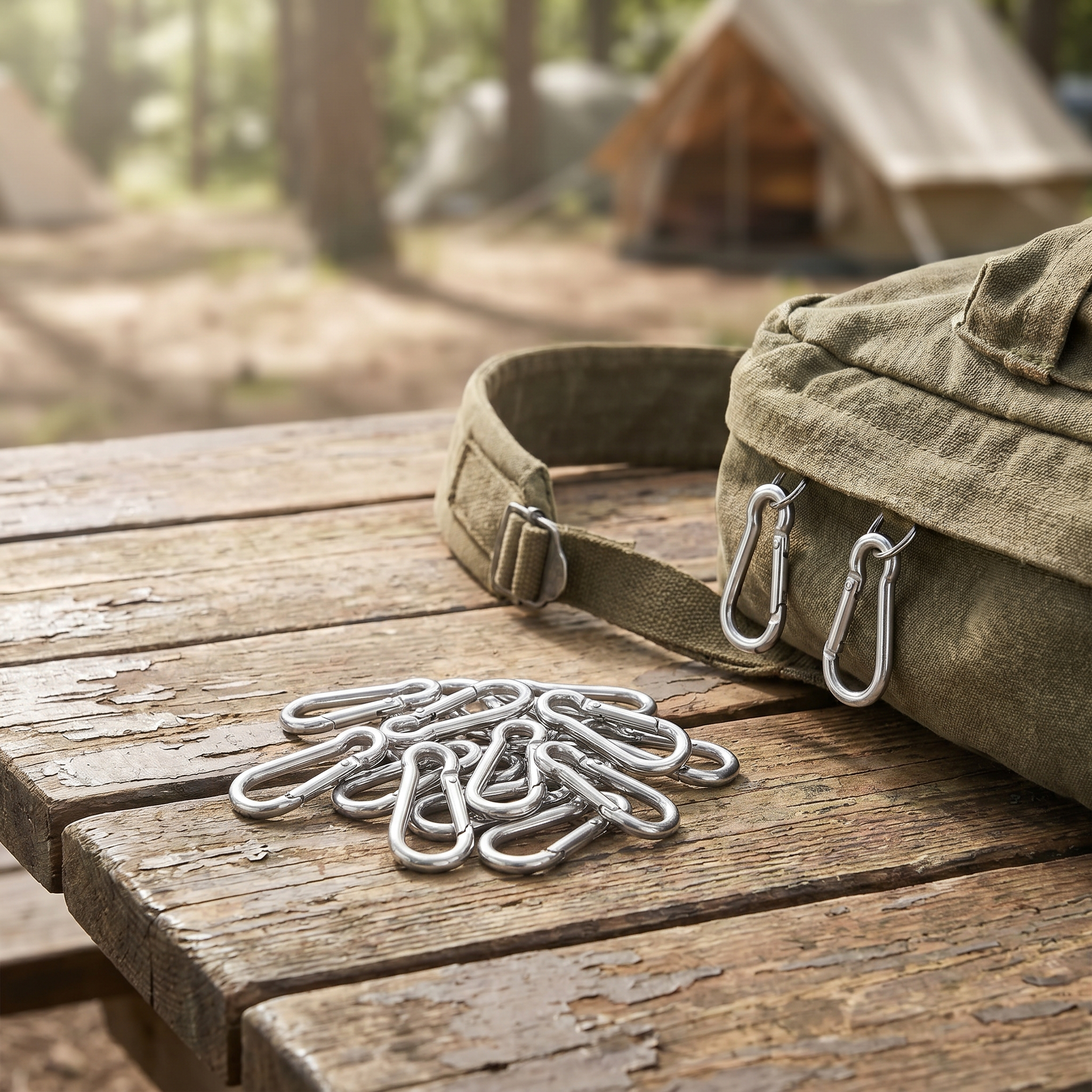 Pile of silver spring-snap carabiner clips on camp table