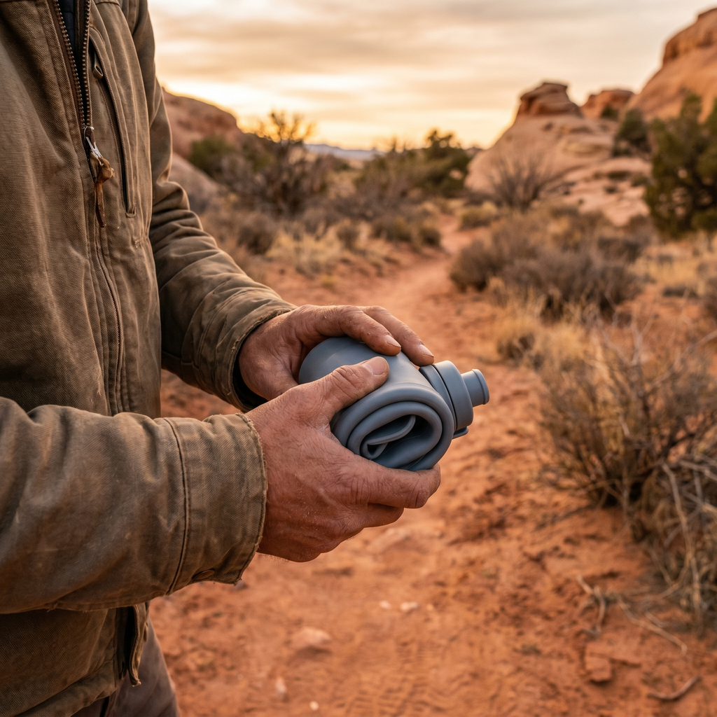 Hands rolling up collapsible silicone water bottle on trail