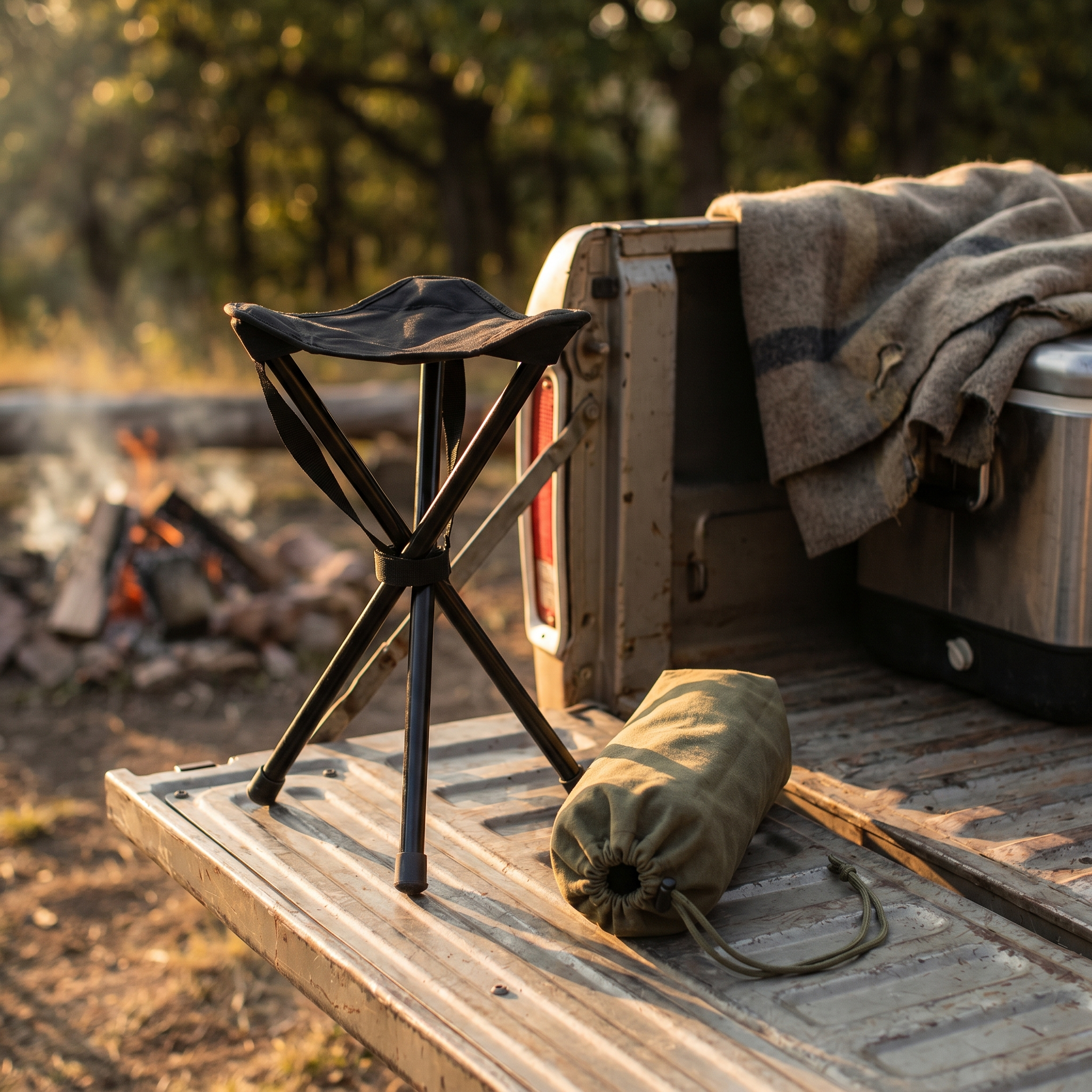 Folded tripod camp stool next to carry bag on truck tailgate