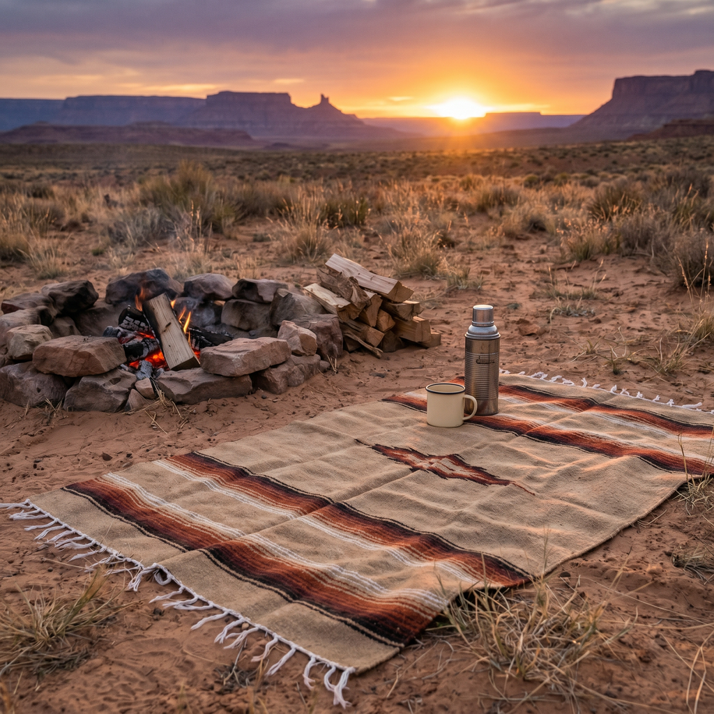 Serape blanket spread out near campfire ring at dusk