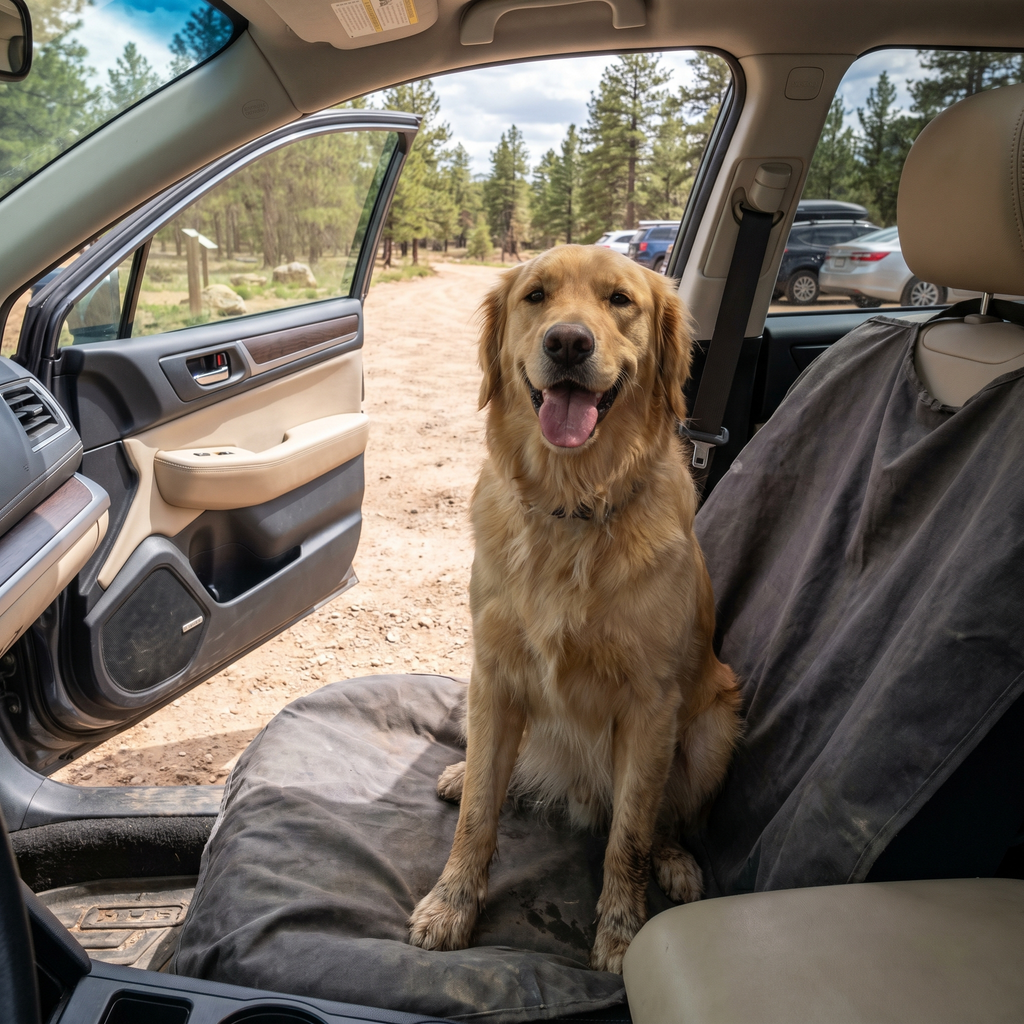 Golden retriever sitting on covered front seat at trailhead