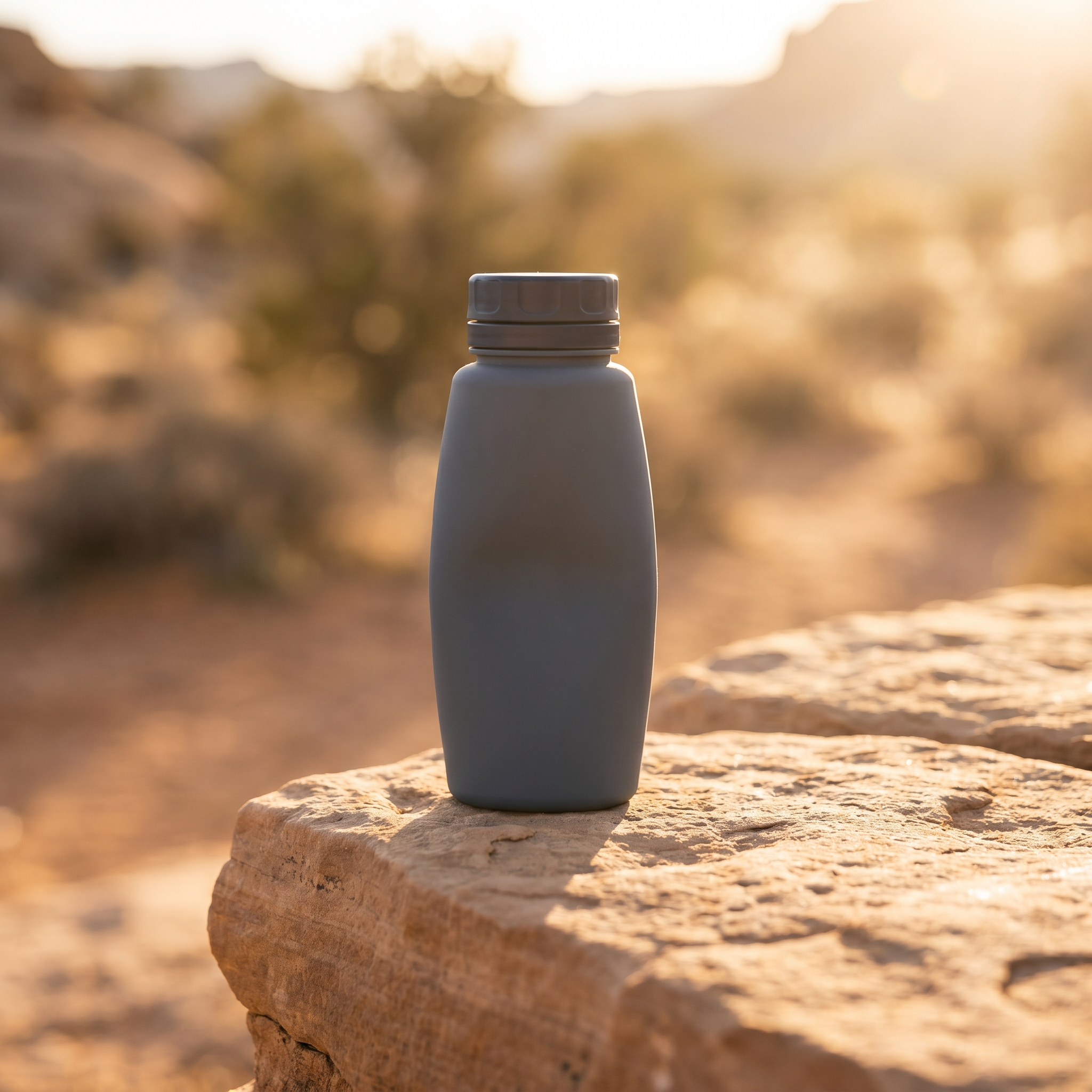Gray collapsible silicone water bottle on sandstone rock