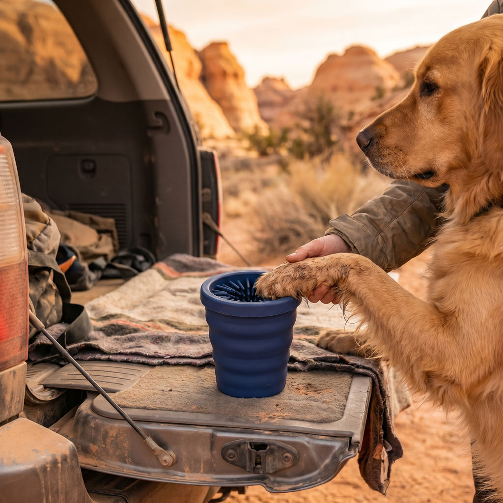 Trail Dog Paw Cleaner Cup — muddy paw going into navy silicone cleaner cup at a trailhead