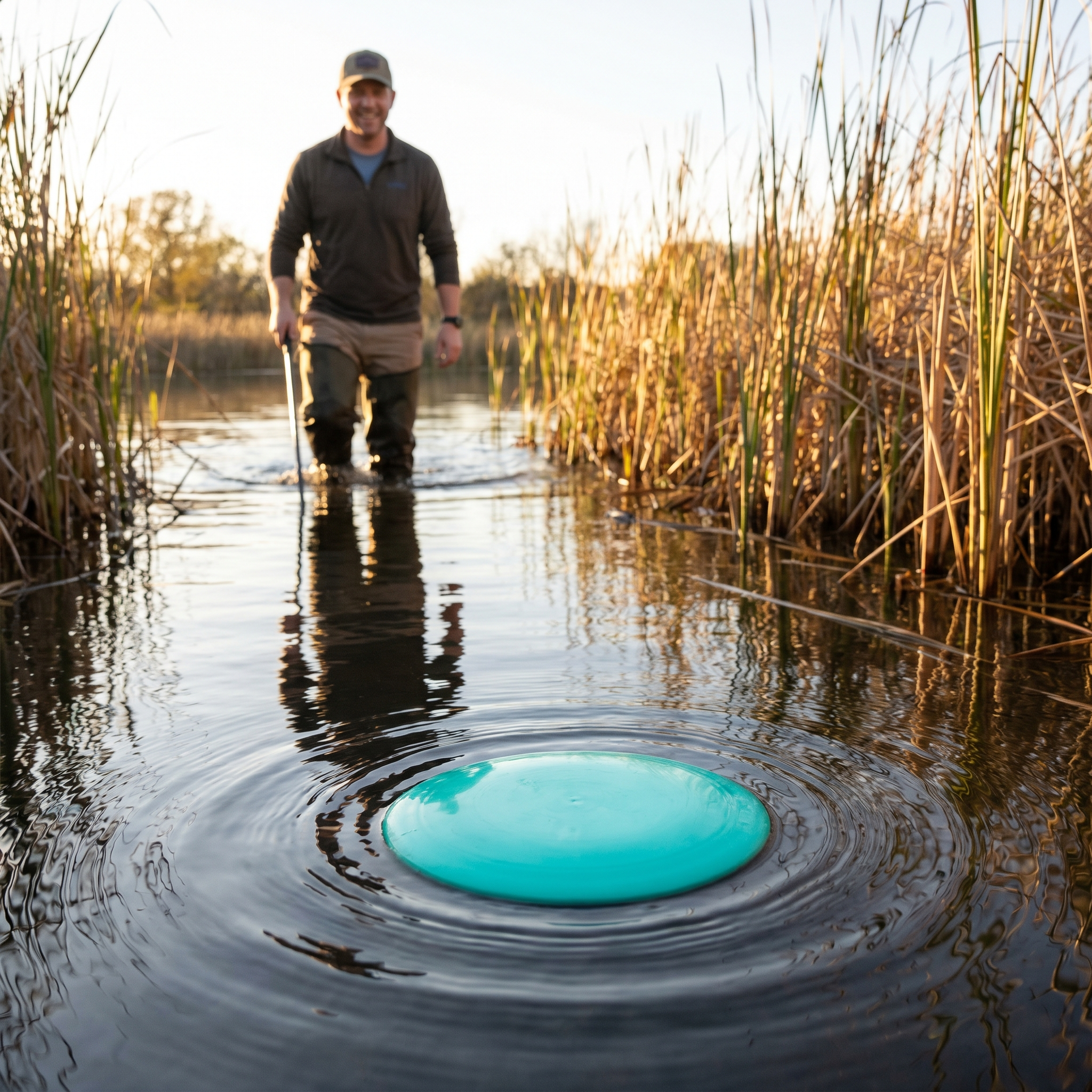 Floating disc golf driver resting on the surface of a pond