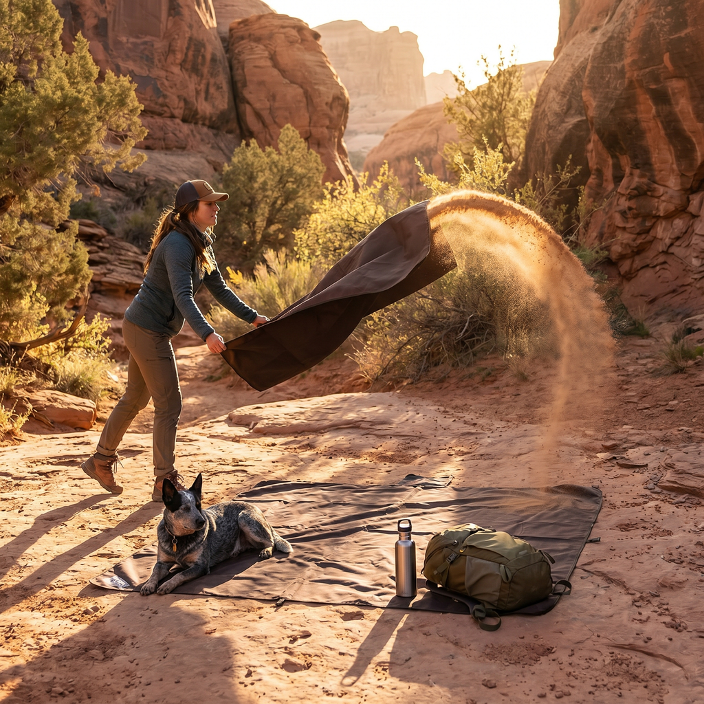 Sandproof picnic blanket spread out on red-rock ground with sand being shaken off