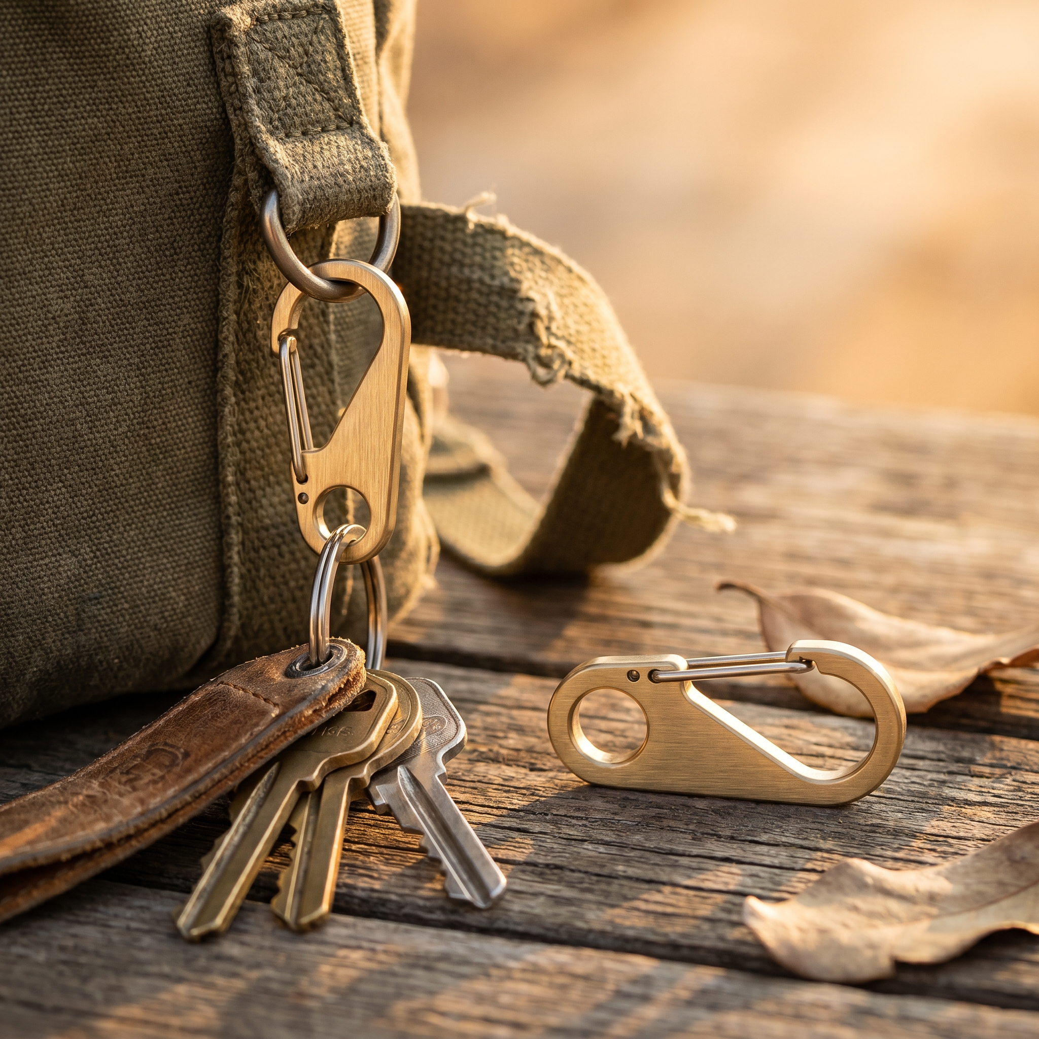 Gold titanium carabiner keychain clips on a backpack strap with keys