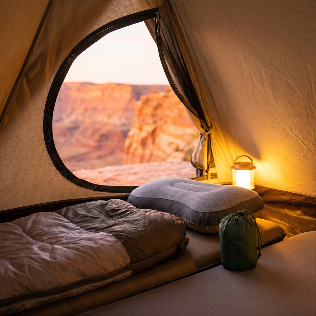 Ultralight inflatable camp pillow on a sleeping bag inside a tent at dusk